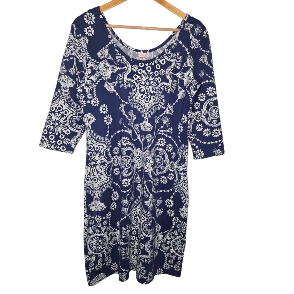 Persifor Womens Blue Floral Print Scoop Neck 3/4 Sleeve Jersey Shift Dress Large
